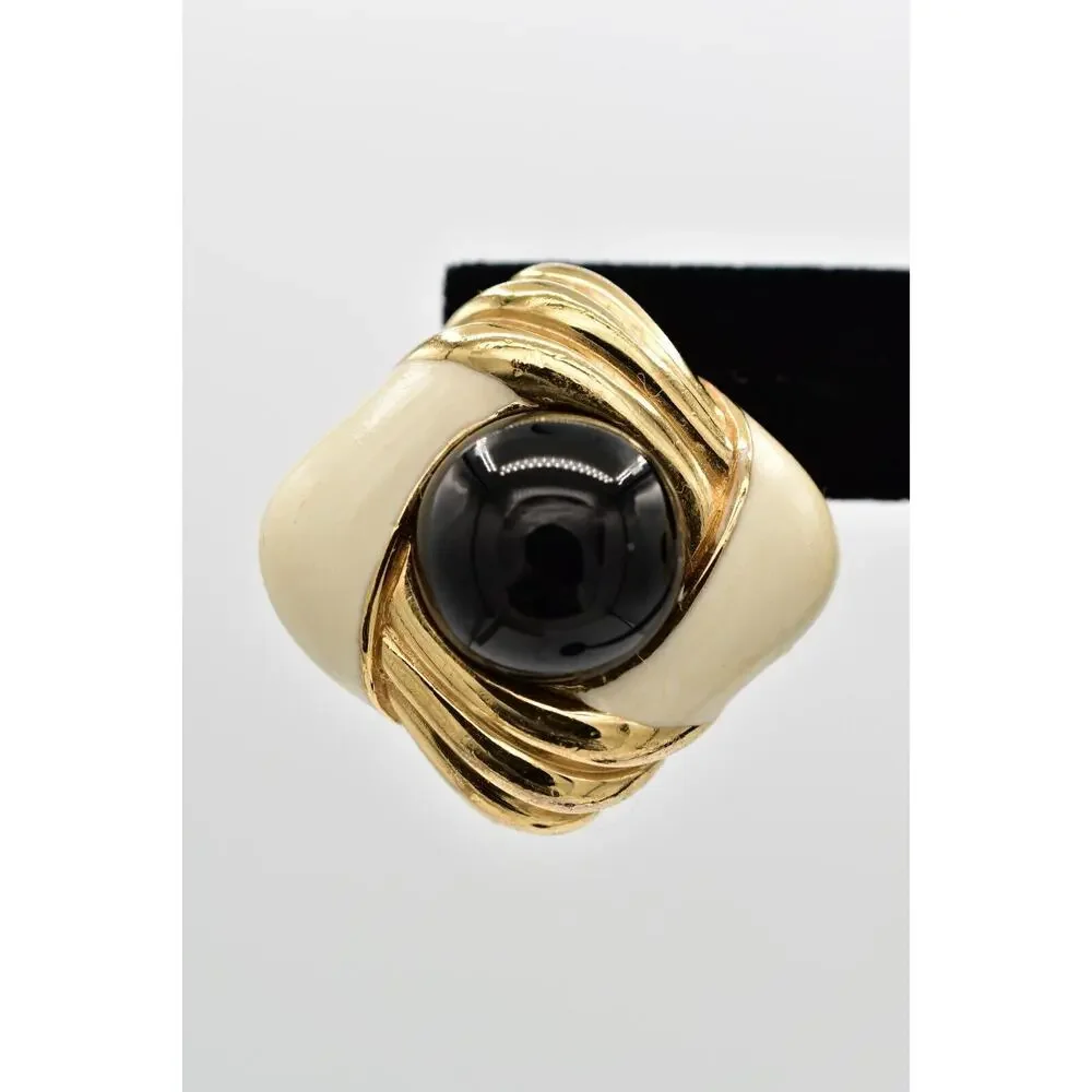 Ciner Vintage Cabochon Clip On Earrings Black Gold Heavy Chunky Signed 70s BinBB